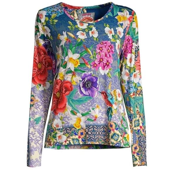 Johnny Was Sz M Sunrise Favorite Top Floral Hummingbird Colorful Bright Bamboo - Picture 1 of 16